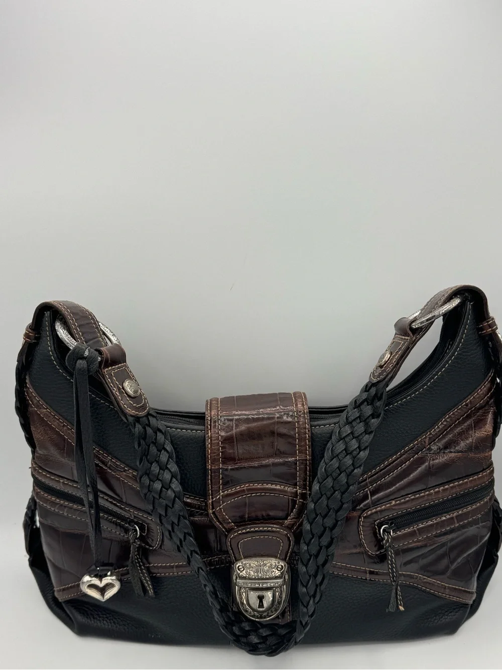 Brighton Vintage Black Leather Croc Embossed Metal Scrollwork Hobo Shoulder Bag